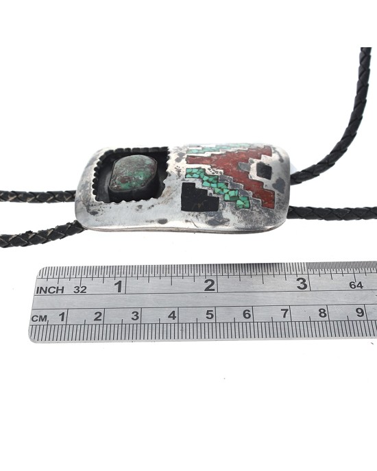 Navajo Annie Chapo Sterling Silver Turquoise & Coral Chip Inlay Bolo Tie